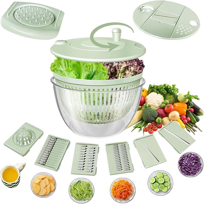 Salad Spinner large with 5-Blade Slicer, 5.3 Qt Salad Dryer for Washing, Spinning, and Draining Greens, Fruits, and Vegetables, Egg Yolk Strainer, Salad Bowl for Efficient Salad Preparation and Food