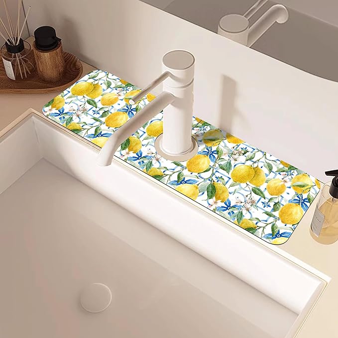 Yellow Lemons and Blue Tiles Sink Faucet Absorbing Mat Splash Guard Behind Faucet Sink Mat Absorbent Fast Drying Faucet Draining Mat for Bathroom Kitchen 5.5"×15"