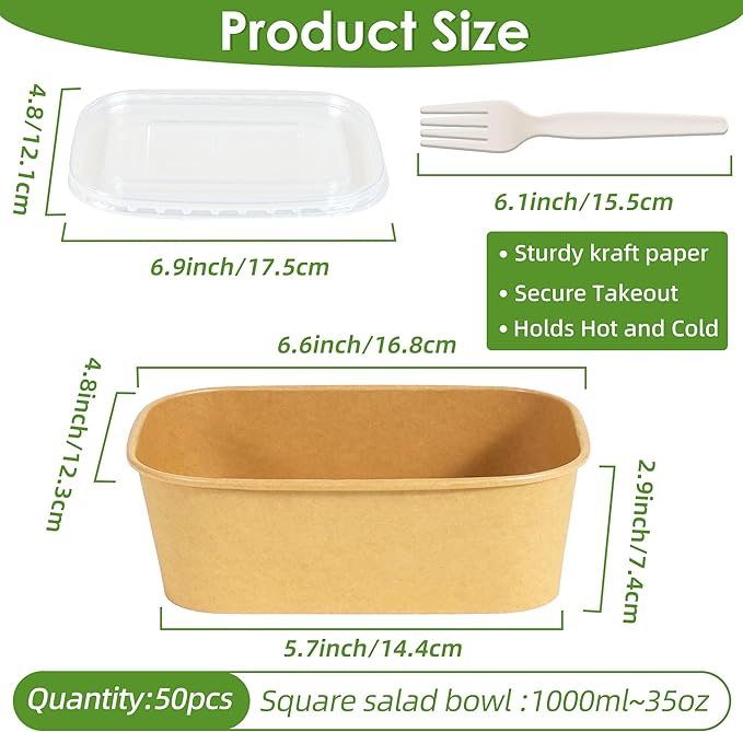 FEHHTO 50-Pack 35oz Meal Prep Containers Disposable Kraft Paper Bowls with Lids & Compostable Cornstarch Forks, Extra Large Heavy Duty Food Containers, Microwave & Freezer Safe for Hot & Cold Foods