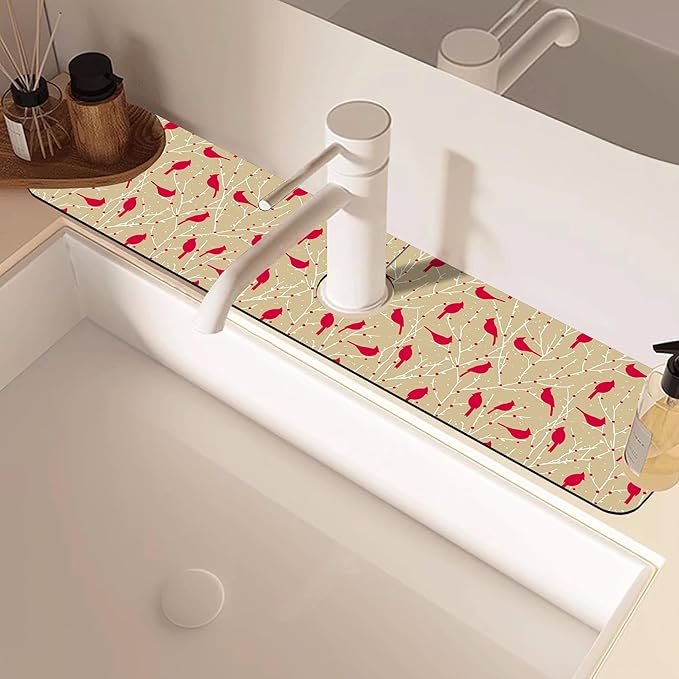 Christmas Cardinal Birds Kitchen Sink Splash Guard Mat Absorbent Fast Drying Mat Faucet Draining Mat Sink Splash Guard Behind Faucet Drip Catcher for Kitchen Bathroom 5.5"×24"