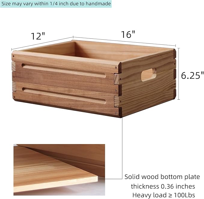 KLZLQ-XINCHEN 4 Pack Wooden Storage Bins of 16"x12"x6.25".Durable Open Solid Wood Box w/ Handles.Farmhouse Container Shelf Baskets. Multipurpose Home Décor Organizer Crates for Display,Pantry,Book,CD