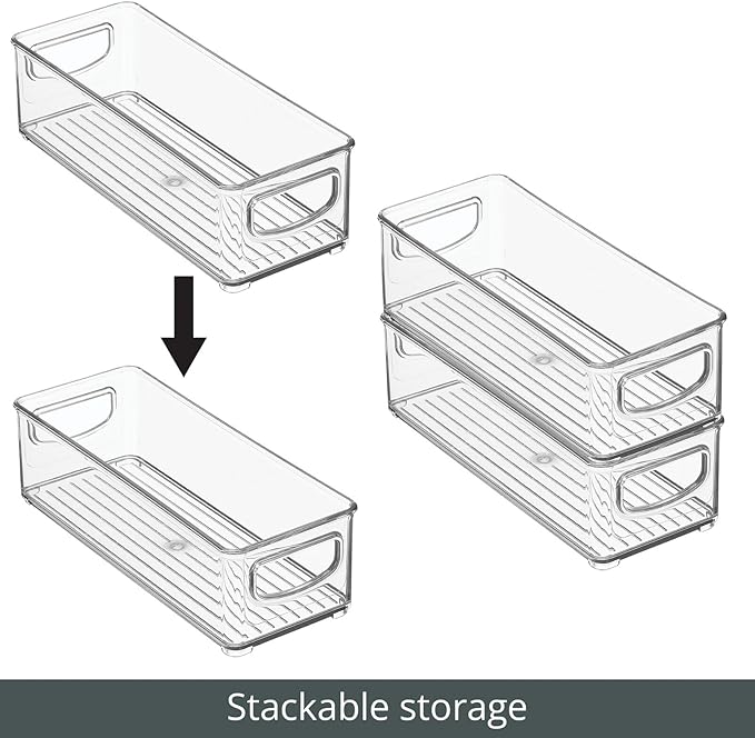 mDesign Small Plastic Bathroom Storage Container Bins with Handles for Organization in Closet, Cabinet, Vanity or Cupboard Shelf, Accessory Organizer for Hair Tools - Ligne Collection - 4 Pack - Clear