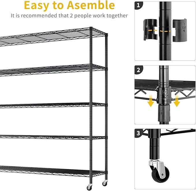 VINGLI 5 Tier Metal Storage Shelves 73''H Wire Shelving with Wheels for Storage Adjustable Heavy Duty Garage Shelving Storage Racks for Pantry Shelves Kitchen Office Garage, 73''H X46''W X17''D