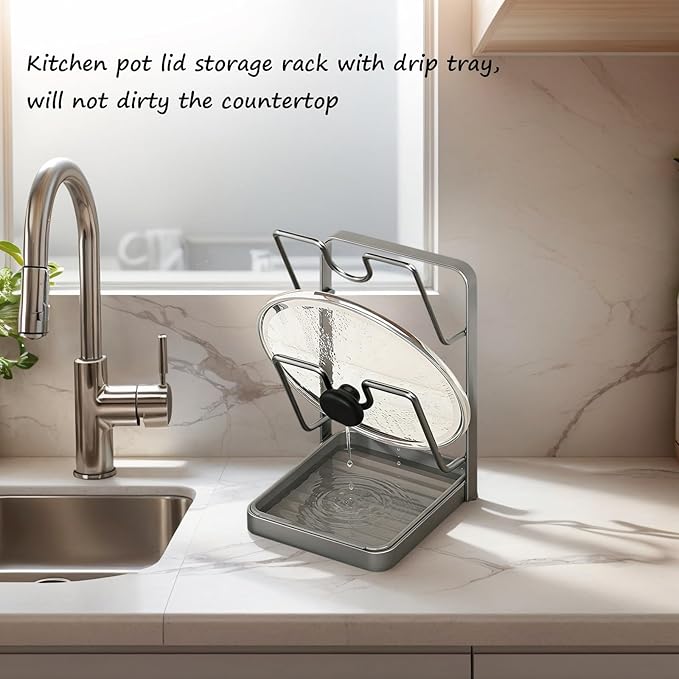 Kitchen Pot Lid Storage Rack, Stainless Steel Pot Lid Holder While Cooking for Countertop, Multifunctional Pots Lids Organizer Rack with Removable Drip Tray for Spatulas, Ladles & Large Lids (White1)