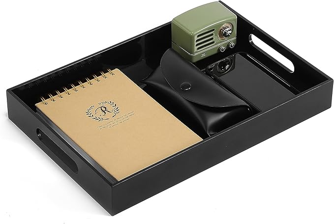 BEYLANG Glossy Black Sturdy Acrylic Serving Tray with Handles-12x20Inch-Serving Coffee,Appetizer,Breakfast,Butler-Kitchen Countertop Tray-Makeup Drawer Organizer-Vanity Table,Ottoman Tray-Decorative