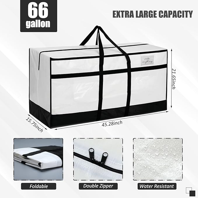4 Pcs 66 Gallon Extra Large Moving Bags Heavy Duty Storage Bag with Strong Zipper Handle Foldable XXL Jumbo Storage Tote Packing Moving Box for College Dorm Travel Cloth Duffle(Black and White)