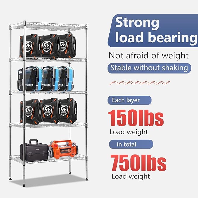 FDW 5 Tier 22L x 12W x 48H Pantry Shelves Adjustable Metal Shelves NSF Storage Rack Shelving Units for Kitchen Garage Small Places Commercial,Chrome