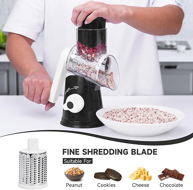 REDPANT Rotary Cheese Grater with Handle, Kitchen Mandoline Vegetable Slicer with 3 Interchangeable Blades & Strong Suction Base, Easy to Clean Grater for Vegetables, Fruit, Nuts, Black