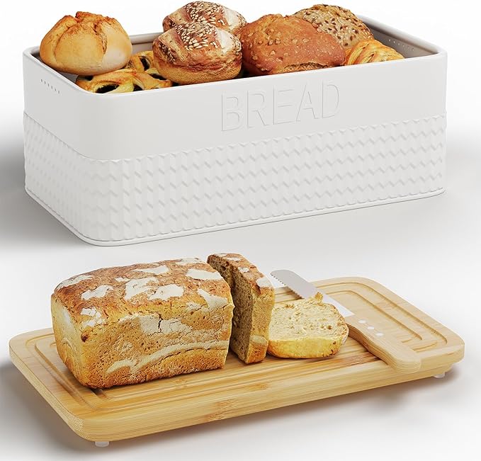 Furshus Bread Box for Kitchen Countertop,Metal Bread Storage Bin with Bamboo Cutting Board Lid, Includes Bread Knife, Fits Sourdough & Buns, Stylish Organize (White)