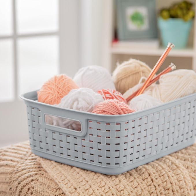 Sterilite Short Plastic Weave Storage Basket, Bin Organization for Countertops, Tabletops and Shelves for Crafts, Jewelry, Gray, 18-Pack