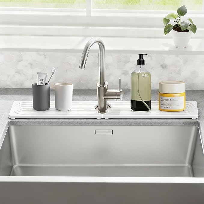 Stone Faucet Mat for Kitchen Sink, Silicone Faucet Handle Drip Catcher Tray Mat, Silicone Kitchen Sink Splash Guard for Bathroom Counter Kitchen Counter Accessories, White, 30" x 4"