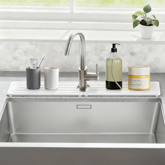 Stone Faucet Mat for Kitchen Sink, Silicone Faucet Handle Drip Catcher Tray Mat, Silicone Kitchen Sink Splash Guard for Bathroom Counter Kitchen Counter Accessories, White, 30" x 4"