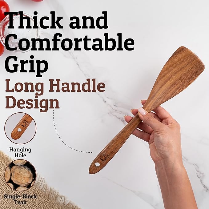 PriorityChef Wooden Spatula for Cooking, Durable Teak Wood Spatula for Flipping, Stirring & Serving – Non Toxic and Nonstick Safe, Hand-Finished, and Easy to Clean Kitchen