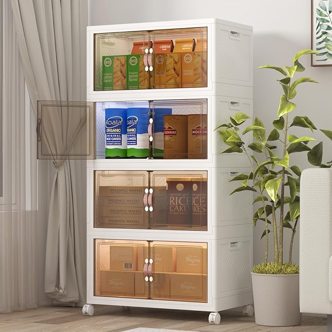 Extra Large Stackable Storage Bins with Lids & Wheels, 480QT-120QT/30GAL*4Pack Foldable Collapsible Closet Organizers Storage Cabinet with Doors for Bedroom Dorm