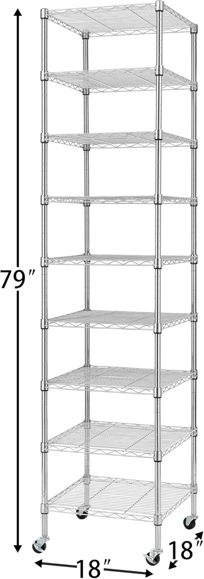 Finnhomy Heavy Duty 9 Tier Wire Shelving with Wheels 18x18x79-inches 9 Shelves Metal Storage Rack Thicken Steel Tube, Pantry Shelves for Storage, Adjustable Shelving Unit, NSF Certified, Chrome