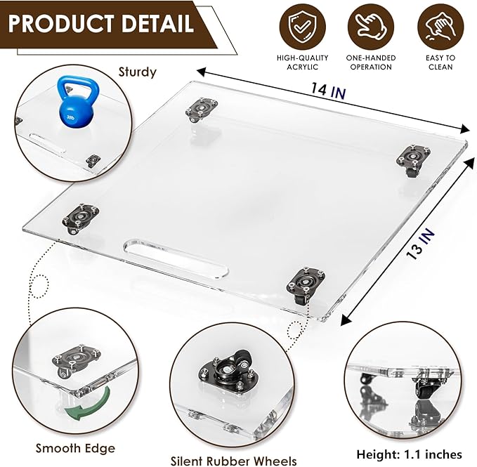 BEZONO 360° Sliding Tray for Coffee Maker & Kitchen Appliances - Silent Rubber Wheels, Clear Acrylic Organizer Tray for Under Cabinet - Space Saving Countertop Accessory, 13x14 Inch (Clear)