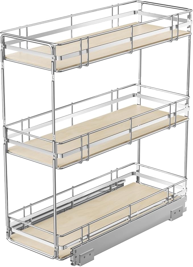 MODCART Pull Out Spice Rack Cabinet Organizer 9" W x 20½" D, 3 Tier Heavy Duty Slide Out Wood Shelf for Narrow Cabinet, Pull Out Storage for Kitchen