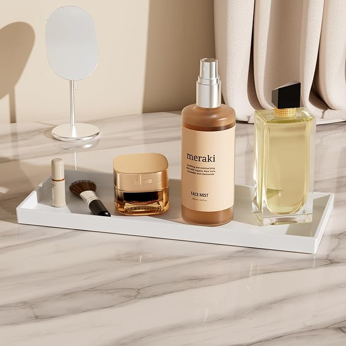 Mriluvy Vanity and Bathroom Tray, 15" ABS Countertop Organizer,Waterproof Vanity Tray for Toilet Tank,Perfume,Soap,Keys,Bathroom Accessories,Kitchen and Bath Trays,Non Slip Small Trays,White,2 Pack