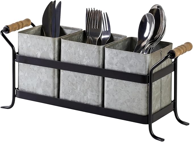HOME PALETTE Silverware Caddy for Party Kitchen Flatware Holder for Countertop Farmhouse Galvanized Cutlery Organizer with 3 Compartments for Utensils, Spoons, Knives, Forks, Cups