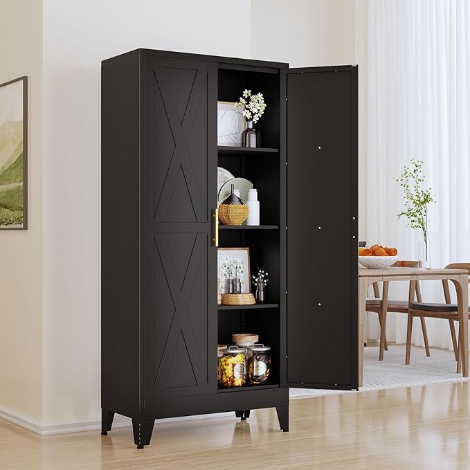61" Kitchen Pantry Cabinet, Metal Storage Cabinet with 2 Doors and 3 Adjustable Shelves, Black Food Pantry Cupboard for Kitchen, Dining Room, Living Room and Bathroom (Black)