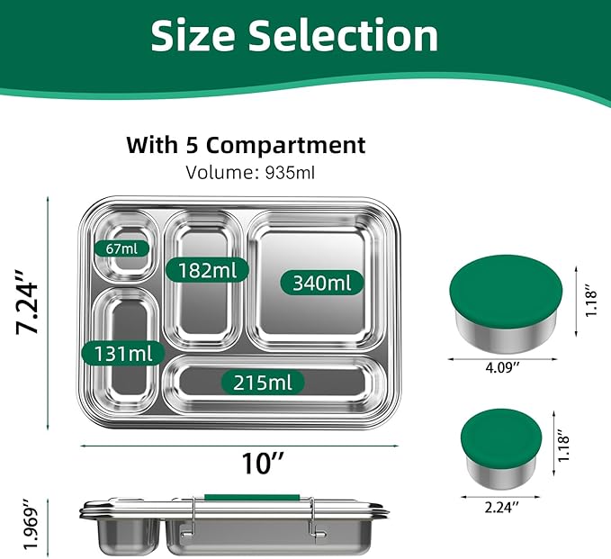 Stainless Steel Bento Box for Adults,31.6 oz Leakproof 5-Compartments Stainless Steel Bento Containers, Metal Lunch Box with 2 Container, Dishwasher Safe, Design for Office,Outdoor, BPA-Free Green