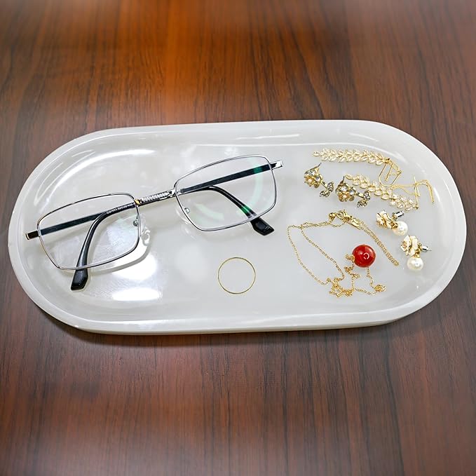 SWRONP Marble Tray for Kitchen Counter & Bathroom Countertop,Stone Vanity Tray for Dresser Decor,Small Storage Tray for Perfumes, Jewelry,Candles,Durable & Waterproof(White)