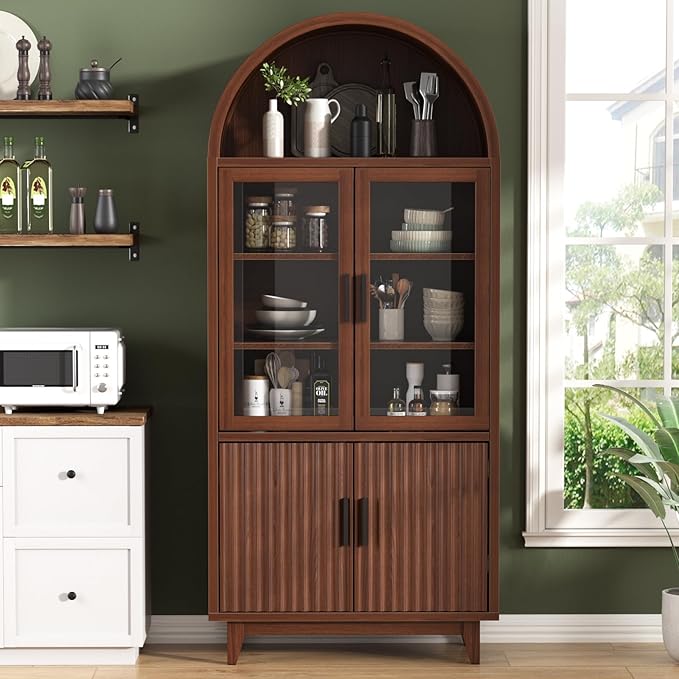 FiveWillowise Kitchen Pantry Cabinet with Glass Doors - Arched Design, Solid Wood Legs, Artistic Fluted Door, Adjustable Shelves, 70.8" Curved Storage Cabinet for Kitchen, Dining Room