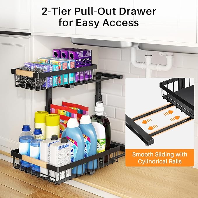PXRACK Under Sink Organizer, Adjustable Height, 2 Tier Pull Out Under Cabinet Organizer, Slide Out Thickened Metal Under Sink Storage for Kitchen Bathroom Laundry Pantry Cabinet, 2-Pack, Black