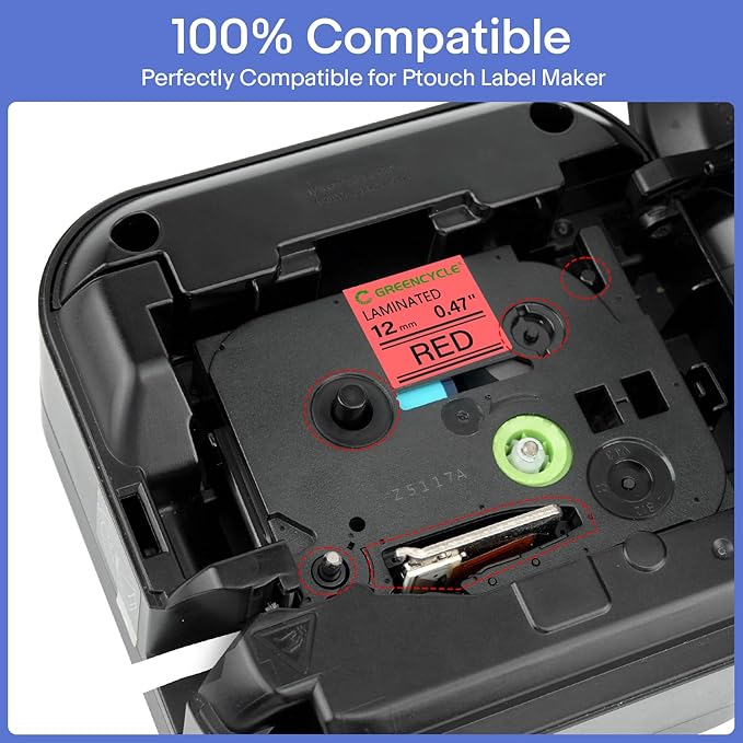 GREENCYCLE 10 Pack Compatible for Ptouch TZe-431 AZE 431 TZ431 TZ-431 1/2" 12mm 0.47 inch Laminated Black on Red TZ TZe Label Tapes Used in PTH110 PT-D200 PTD600 D400 Label Makers