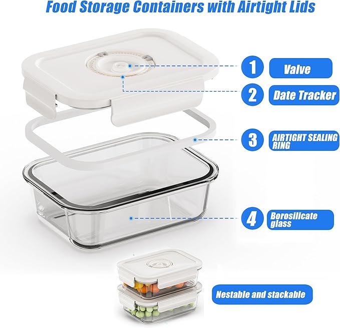 Glass Vacuum Seal Containers for Food Storage, Set of 3 Borosilicate Glass Sealer Container, 10 Reusable Food Saver Sealer Bags, Keep Food Fresh Longer, Ideal for Meal Prep, Marinating| Square