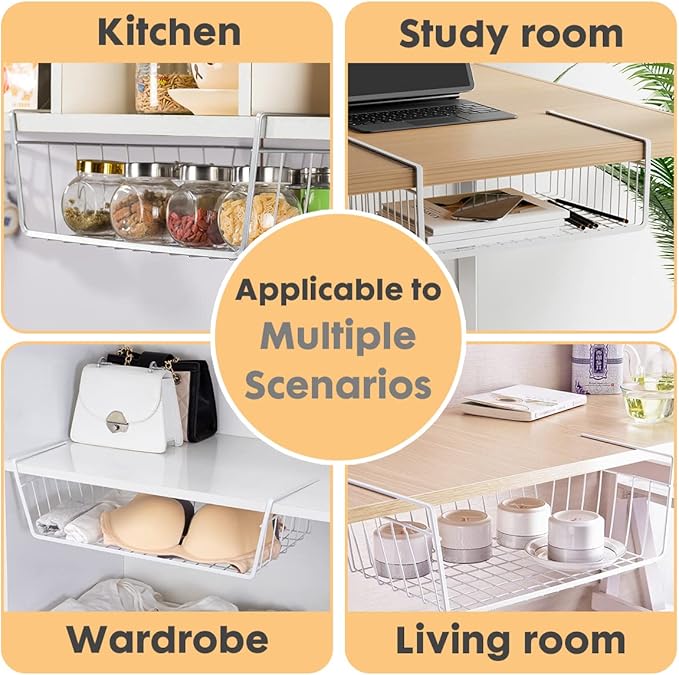 4-Pack Steel Under Cabinet Shelf Basket Organizer, Metal Wire Rack Hanging Storage Baskets Holds up to 22lbs for Kitchen, Office, Pantry, Bathroom, Cabinet (White-4)