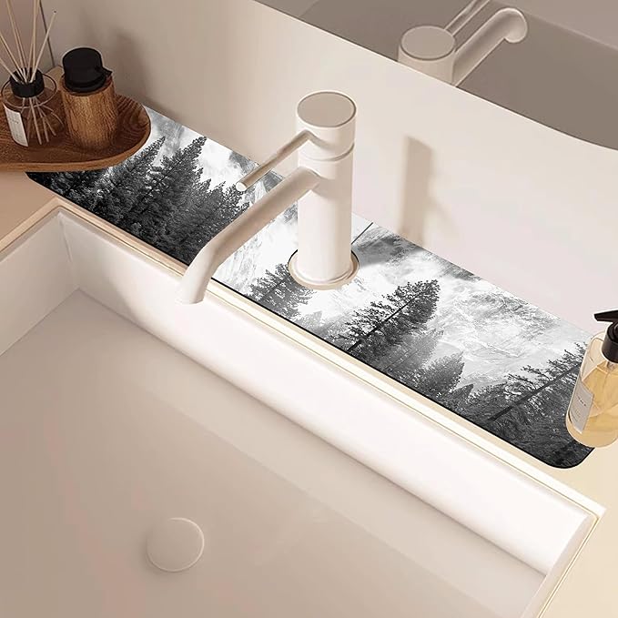 Winter Forest Mountain Sink Faucet Absorbing Mat Sink Splash Guard Faucet Mat Draining Mat Fast Drying Sink Protectors for Kitchen and Bathroom 5.5"×24"