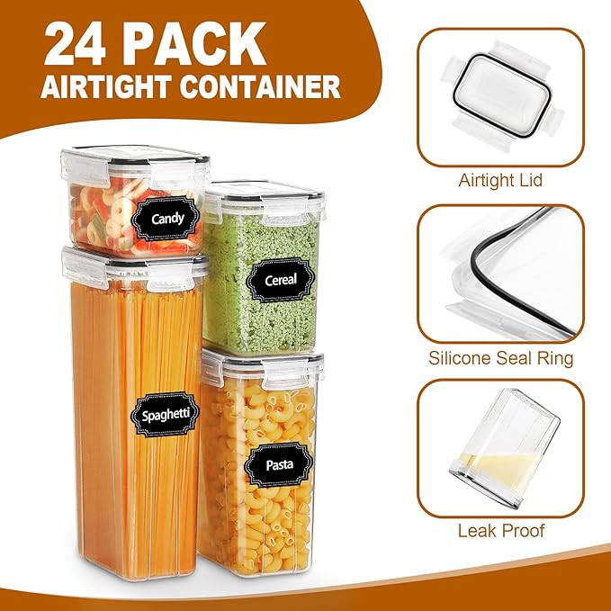 24 PCS Airtight Food Storage Containers with Lids, Kitchen Pantry Organization and Storage Containers, Plastic Canisters for Flour, Sugar, Cereal and Dry Food, BPA Free, 40 Labels & Marker