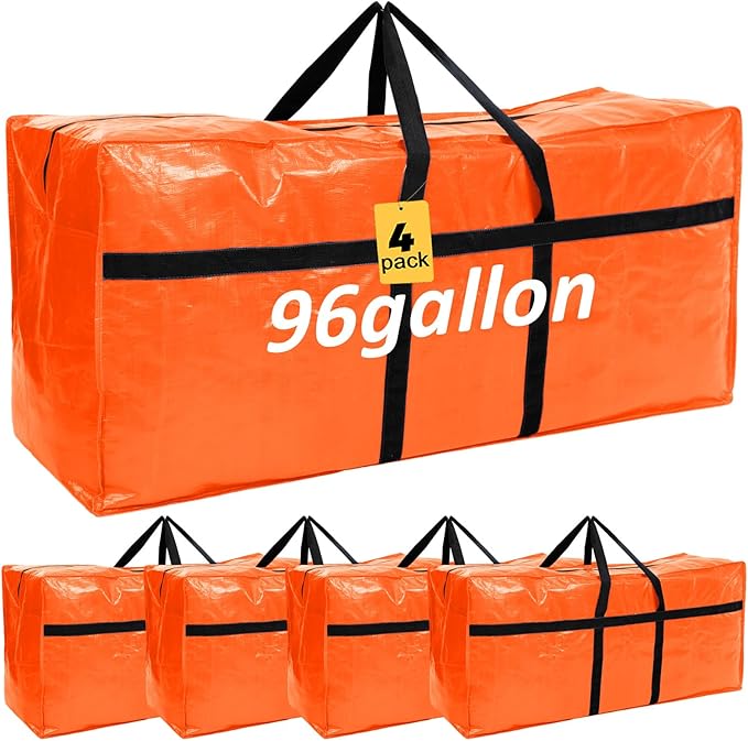 4 Pcs 96 Gallon Extra Large Moving Bags Heavy Duty Storage Bag with Strong Zipper Handle Foldable XXL Jumbo Storage Tote Packing Moving Box for College Dorm Travel Cloth Duffle (Orange)