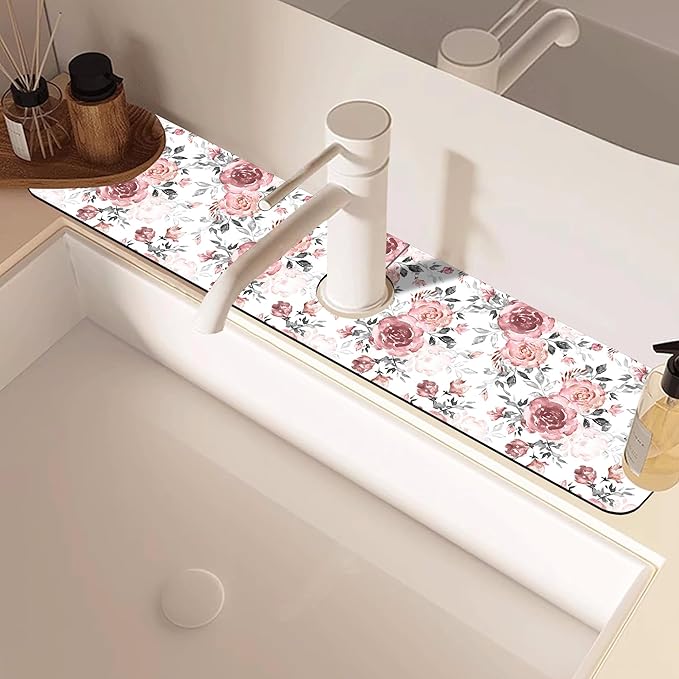 Pink Rose Floral Kitchen Sink Splash Guard Mat Absorbent Fast Drying Mat Faucet Draining Mat Sink Splash Guard Behind Faucet Drip Catcher for Kitchen Bathroom 5.5"×24"