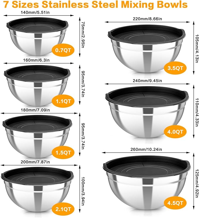 YJSLICT 7 Piece Stainless Steel Mixing Bowls with Lids Set, Metal Mixing Bowls Nesting Design Salad Bowl for Kitchen Cooking, Baking, Prepping and Serving Food (Size 0.7, 1.1, 1.5, 2.1, 3.5, 4, 4.5QT)