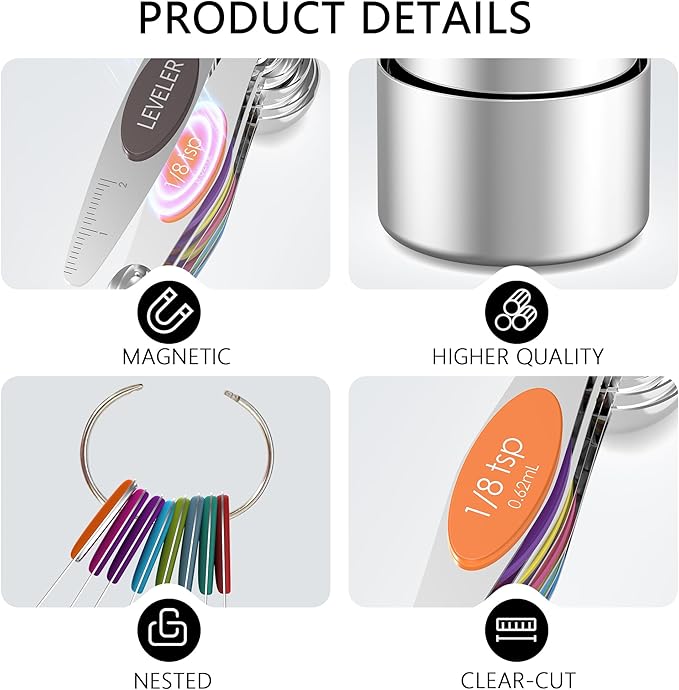 Minteem Measuring Cups and Magnetic Measuring Spoons Set, 8 Stainless Steel Measuring Cups with Easy to Read Markings, 7 Double Sided Stackable Measuring Spoons & 1 Leveler, 5 Mini Spoons, Multicolor
