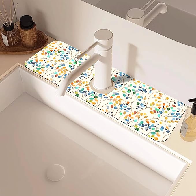 Abstract Watercolor Leaves Sink Faucet Absorbing Mat Sink Splash Guard Faucet Mat Draining Mat Fast Drying Sink Protectors for Kitchen and Bathroom 5.5"×15"