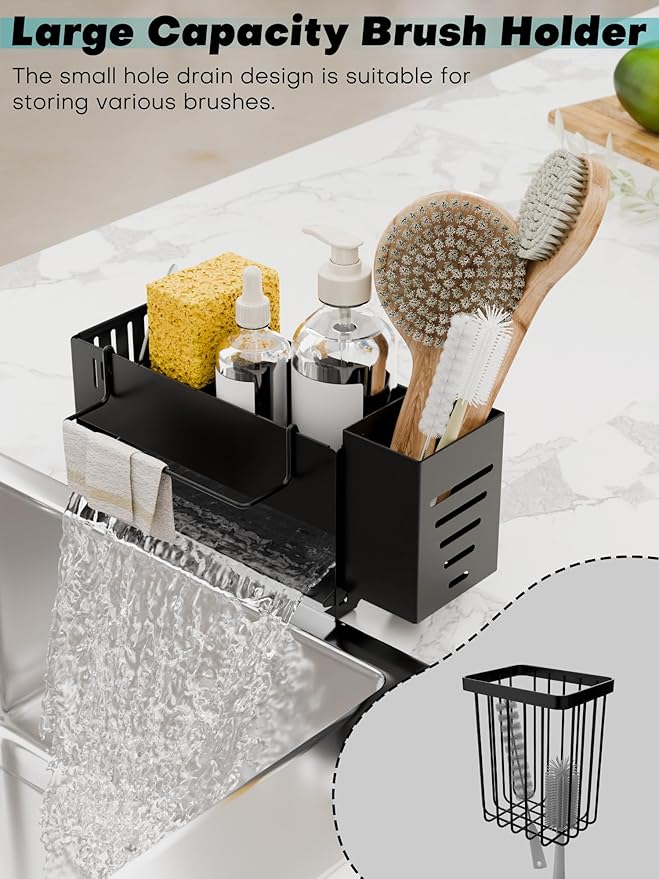 Sponge Holder for Kitchen Sink, Space-Saving Sink Caddy with Brush Holder, Kitchen Countertop Organizers and Storage Essentials, Rustproof & Slip Resistant