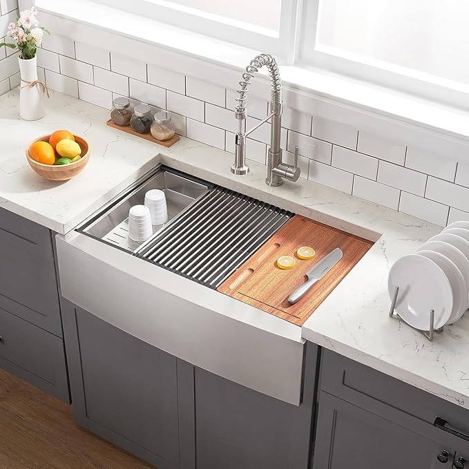Farmhouse Sink 33 Inch, 33x22 Inch Apron Front Farmhouse Kitchen Sink, 16 Gauge Stainless Steel Undermount Ledge Workstation Deep Single Bowl Luxury Rustic Farm Sinks with All Accessories