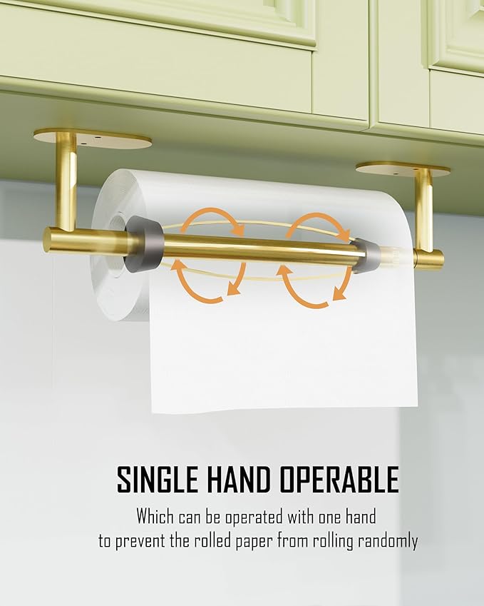 BATHDANCE Paper Towel Holder Under Cabinet, Single Hand Operable Roll Holder with Damping Effect,No Drilling or Wall Mounted SUS304 Stainless Steel for Kitchen Bathroom (Brushed Gold)