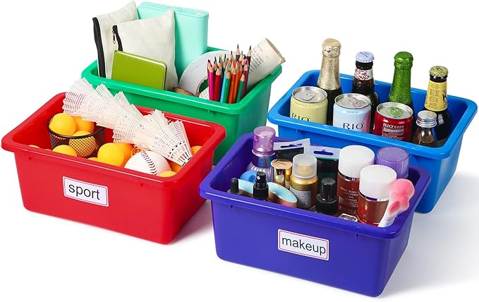 Outus 48 Pcs Plastic Cubby Bins Bulk for Classroom Organization Small Stackable Book Bins Toy Storage Box Container Tubs Organizer with 120 Self Adhesive Label for Library School Office Home, 6 Colors