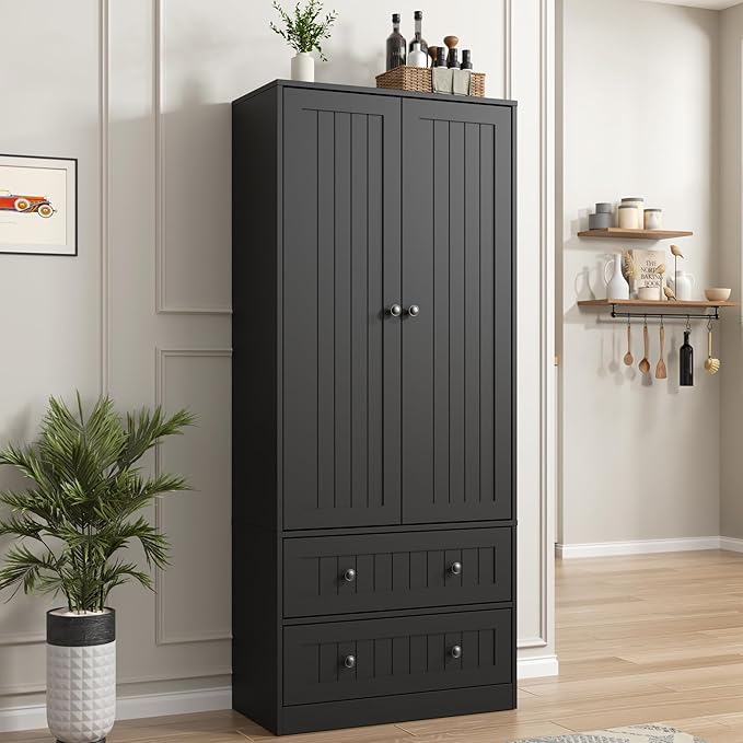 65" H Storage Cabinet, Farmhouse Kitchen Pantry Cabinet with 2 Doors & Adjustable Shelf, Handbag Storage Organizer for Living Room, Bathroom, Kitchen, Black