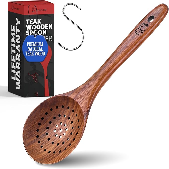 PriorityChef Wooden Skimmer Spoon – Teak Large Slotted Spoon For Cooking or Frying, with Long Handle, Nonstick Safe and Hand-Finished – Durable Wooden Strainer for Kitchen Use
