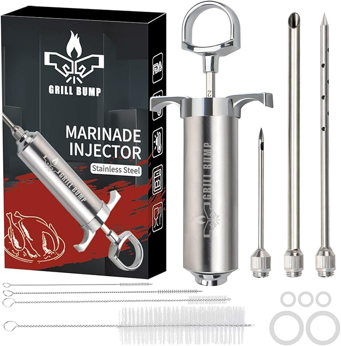 Grill Bump Meat Injector Syringe Kit with 3 Professional Marinade Injector Needles for BBQ Grill Smoker, Turkey and Brisket; 2-oz Large Capacity, Including Paper User Manual, Recipe E-Book (PDF)
