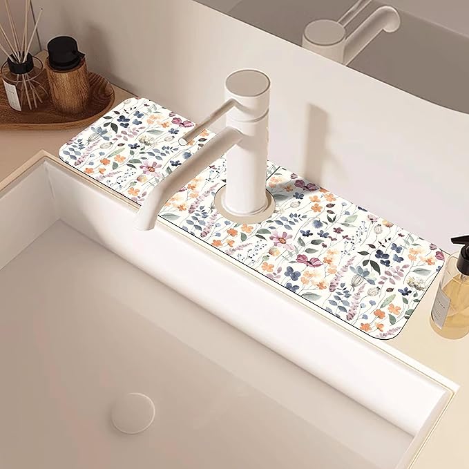 Vintage Watercolor Floral Kitchen Sink Splash Guard Mat Absorbent Fast Drying Mat Faucet Draining Mat Sink Splash Guard Behind Faucet Drip Catcher for Kitchen Bathroom 5.5"×15"