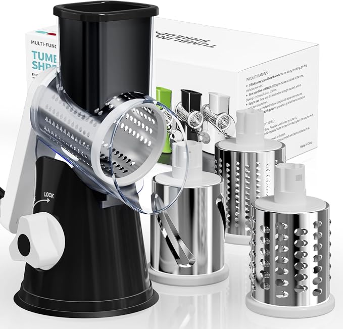 Nexsujo Rotary Cheese Grater Hand Crank, 3 Blades Slicer Shredder, Cheese Grater for Kitchen, Multi-Functional Kitchen Tool for Vegetables, Nuts, Chocolate, with Strong Suction Base, Black