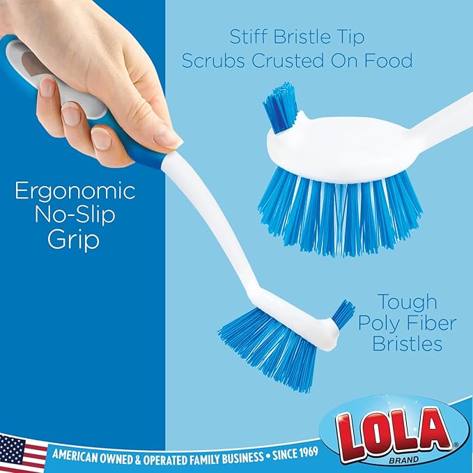 Dish Brush Kitchen Scrubber, by LOLA, Has Stiff Bristles & Food Scraper, Comfort No-Slip Grip Handle, Safe for Non-Stick & Coated Cookware, 1 Pack
