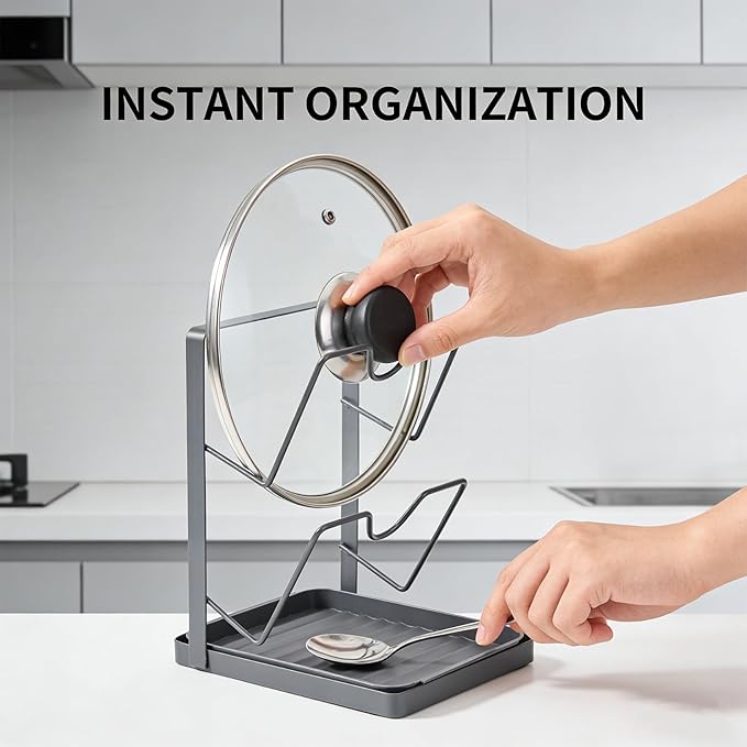90S Multifunctional Pot Lid Organizer for Countertop -RustProof Metal Pot Cover Rack with Removable Drip Tray, Vertical Drying Stand for Cutting Boards, Spoons, and Lids, Heat Resistant, Gray