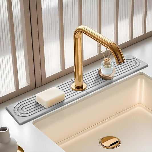Faucet Mat for Kitchen Sink, Diatomite Quick Drying Tray , Long 23.6'' Kitchen Sink Splash Guard and Bathroom Stone Tray for Counter. Super Absorben. (Light gray-Rectangle, 23.6" x 4")